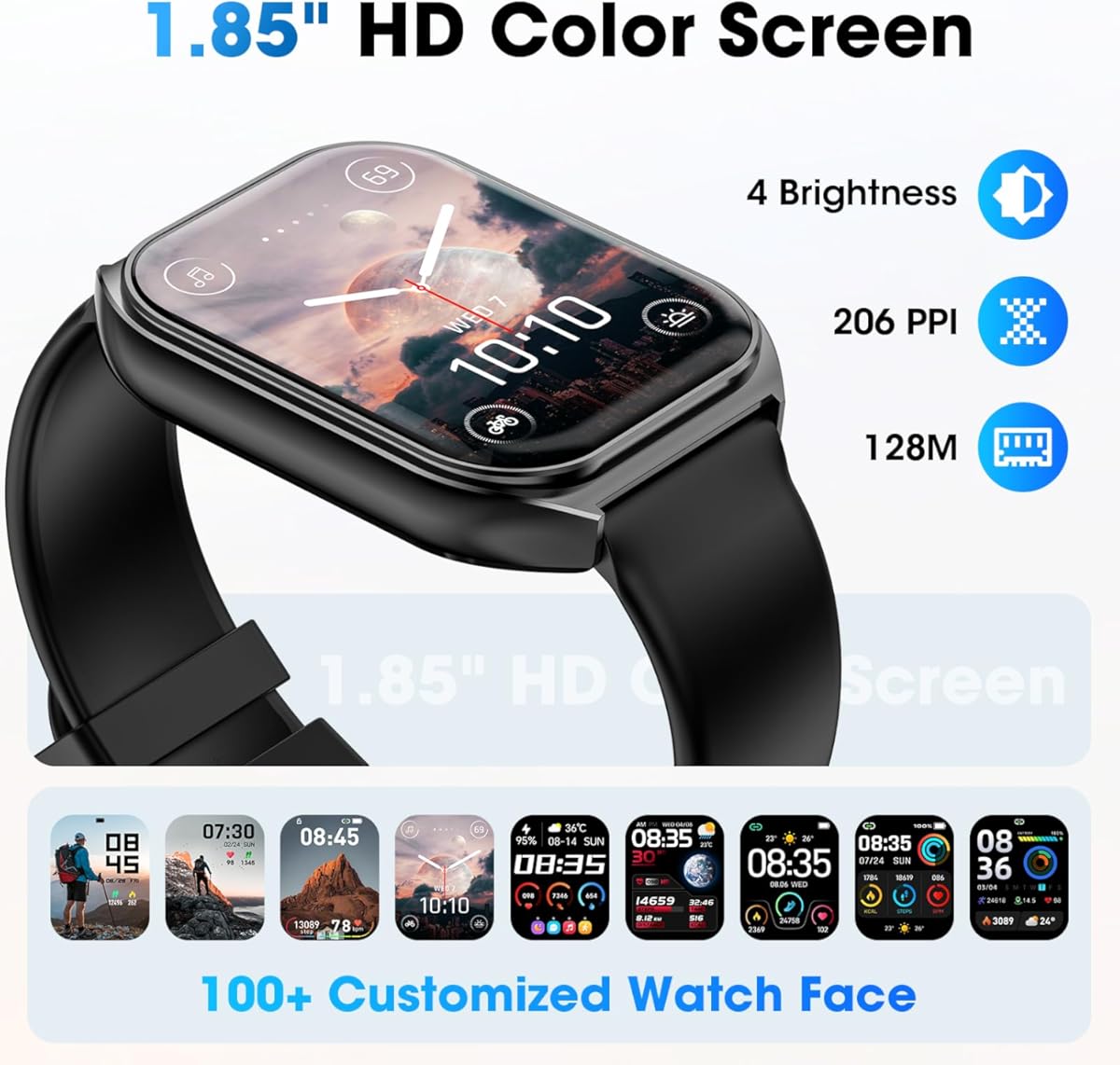 Reloj inteligente para hombre y mujer, HD de 1,85" (contestación/llamadas), monitor de actividad física con monitor de ritmo cardíaco y sueño, podómetro, más de 100 modos deportivos, compatible con Android y iPhone (negro) (color: negro)