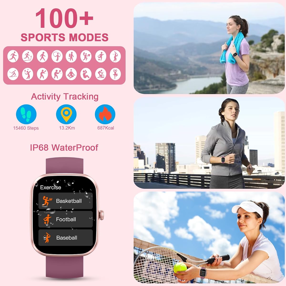 Reloj inteligente Kuizil 1.91 HD para hombre y mujer (contestación/llamada), monitor de actividad física con más de 100 modos deportivos, resistente al agua IP68, monitor de ritmo cardíaco y sueño, monitor de actividad para Android e iOS, color rojo rosa.