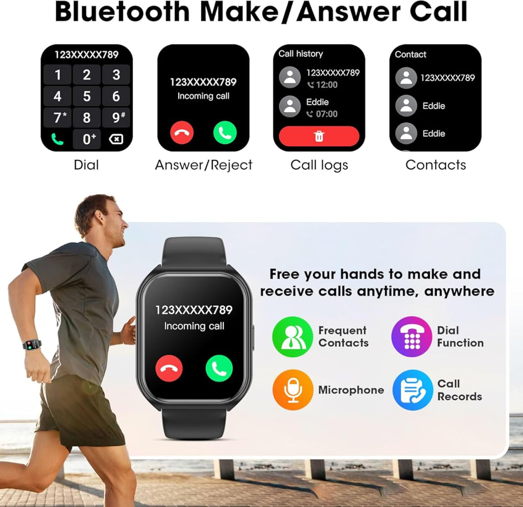 Reloj inteligente para hombre y mujer, HD de 1,85" (contestación/llamadas), monitor de actividad física con monitor de ritmo cardíaco y sueño, podómetro, más de 100 modos deportivos, compatible con Android y iPhone (negro) (color: negro)
