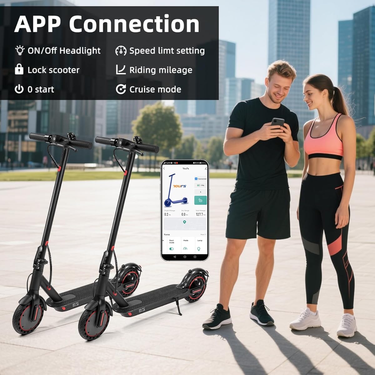 Scooter eléctrico plegable para adultos con autonomía de 29 a 45 km, 30/35 km/h, neumáticos de 21/25 cm y sistemas de doble suspensión y frenado.
