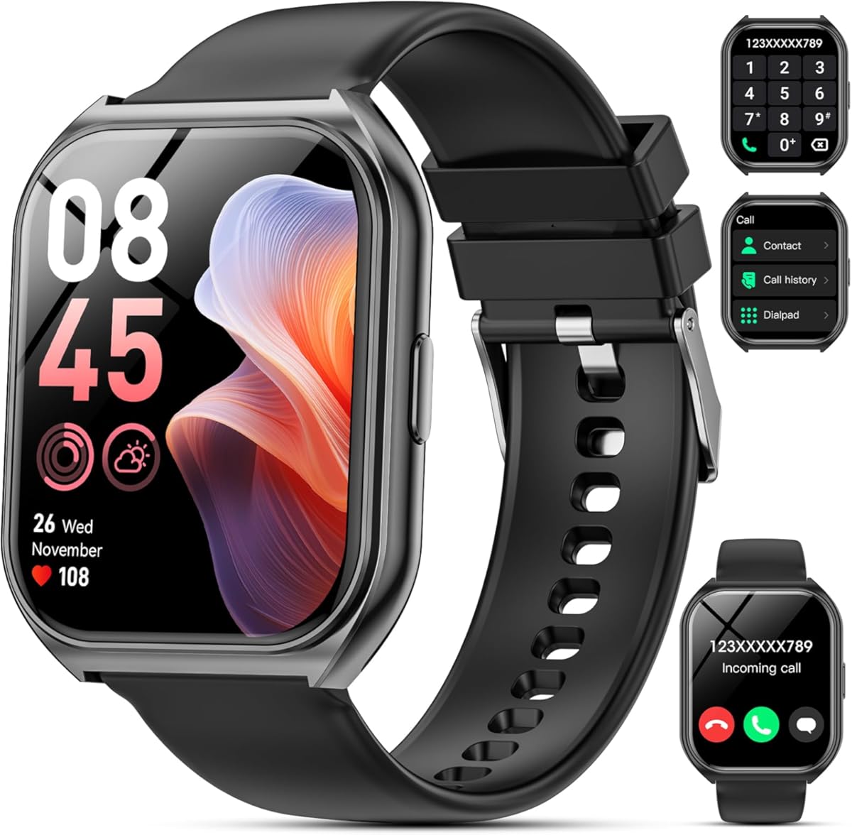 Reloj inteligente para hombre y mujer, HD de 1,85" (contestación/llamadas), monitor de actividad física con monitor de ritmo cardíaco y sueño, podómetro, más de 100 modos deportivos, compatible con Android y iPhone (negro) (color: negro)