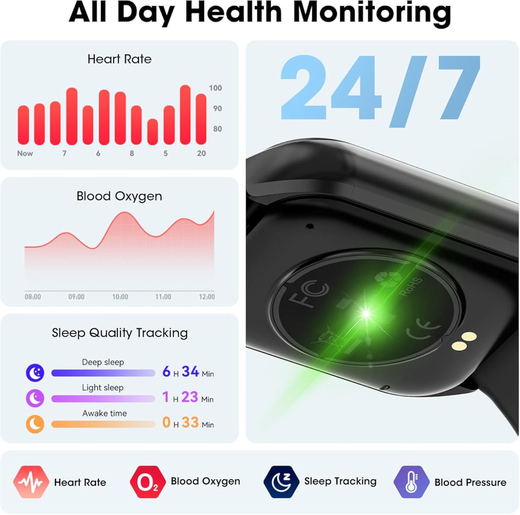 Reloj inteligente para hombre y mujer, HD de 1,85" (contestación/llamadas), monitor de actividad física con monitor de ritmo cardíaco y sueño, podómetro, más de 100 modos deportivos, compatible con Android y iPhone (negro) (color: negro)
