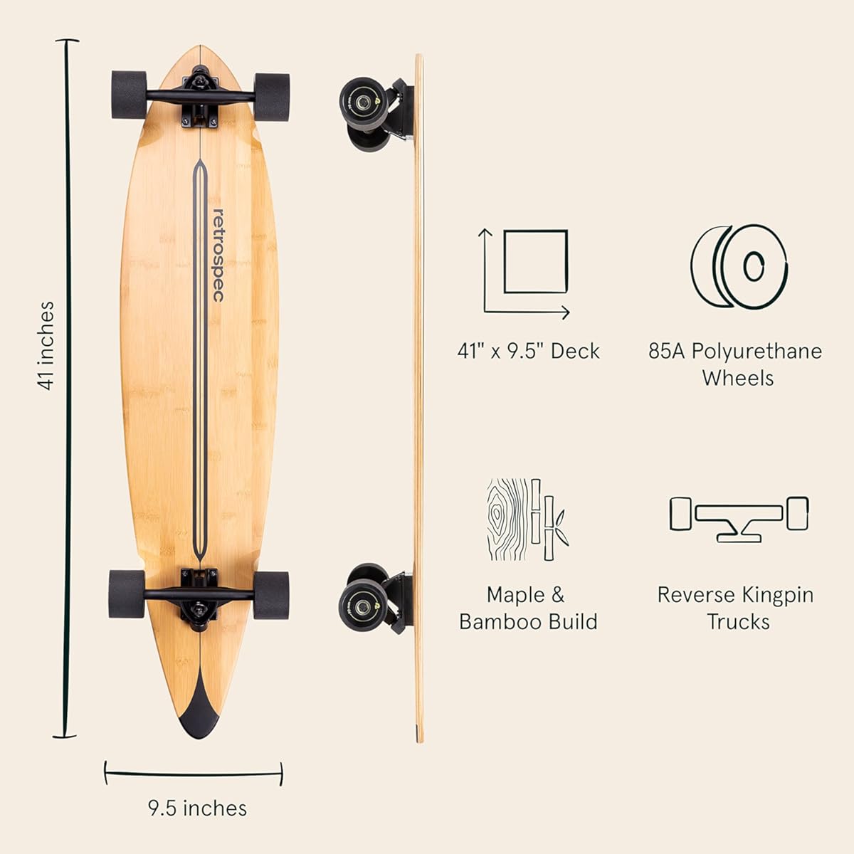 Retrospec Zed Pintail Longboard Skateboard Complete Cruiser | Bamboo & Canadian Maple Wood Cruiser w/Reverse Kingpin Trucks for Commuting, Cruising, Carving & Downhill Riding (Color: Black-Pipeline, Tamaño: O/S)