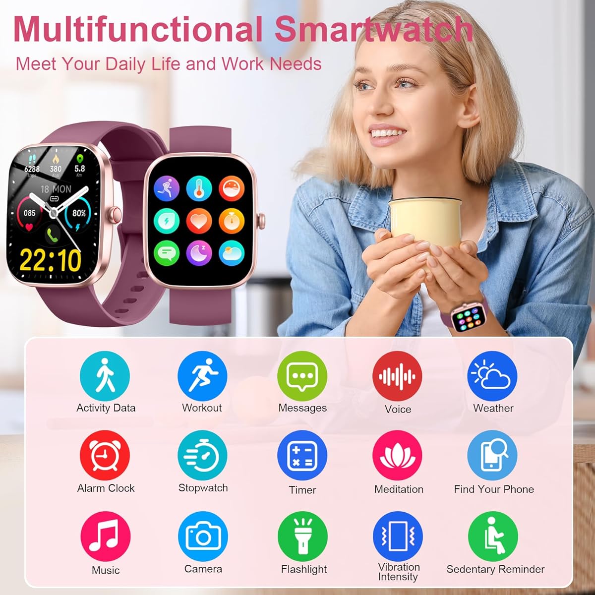 Reloj inteligente Kuizil 1.91 HD para hombre y mujer (contestación/llamada), monitor de actividad física con más de 100 modos deportivos, resistente al agua IP68, monitor de ritmo cardíaco y sueño, monitor de actividad para Android e iOS, color rojo rosa.
