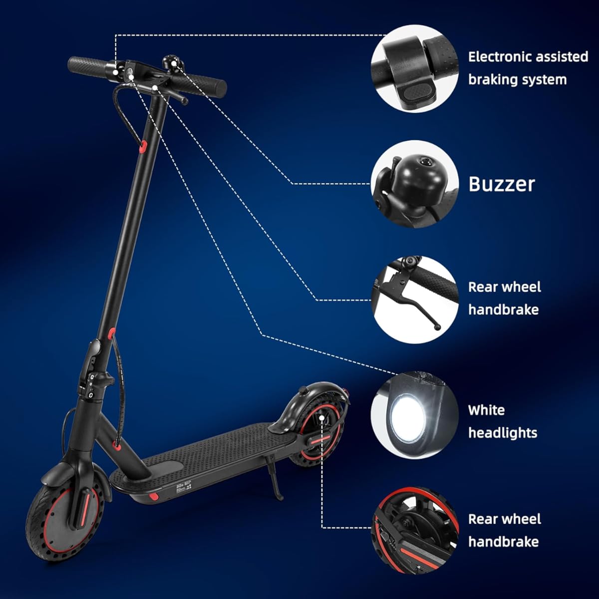Scooter eléctrico plegable para adultos con autonomía de 29 a 45 km, 30/35 km/h, neumáticos de 21/25 cm y sistemas de doble suspensión y frenado.
