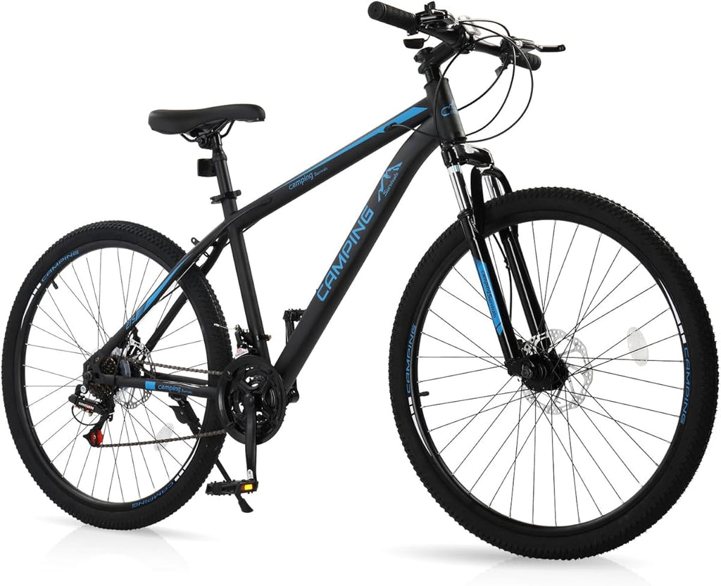 Bicicleta de montaña de 26/27,5" y 21 velocidades para adultos, hombres y mujeres. Con cuadro de acero de alto carbono, neumáticos todoterreno, freno de disco doble y horquilla de suspensión (color: azul, tamaño: 27,5").