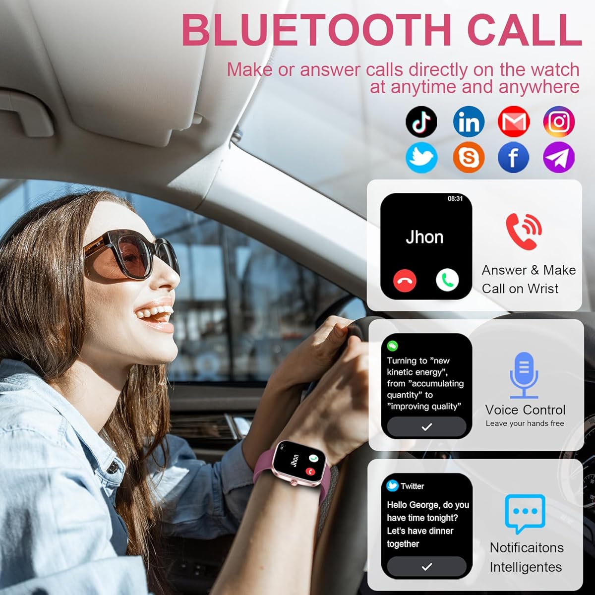 Reloj inteligente Kuizil 1.91 HD para hombre y mujer (contestación/llamada), monitor de actividad física con más de 100 modos deportivos, resistente al agua IP68, monitor de ritmo cardíaco y sueño, monitor de actividad para Android e iOS, color rojo rosa.