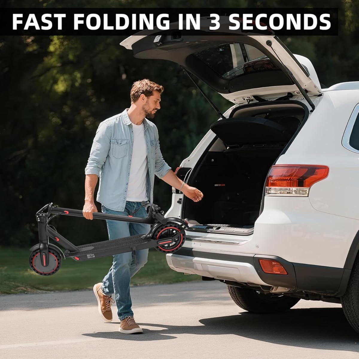 Scooter eléctrico plegable para adultos con autonomía de 29 a 45 km, 30/35 km/h, neumáticos de 21/25 cm y sistemas de doble suspensión y frenado.
