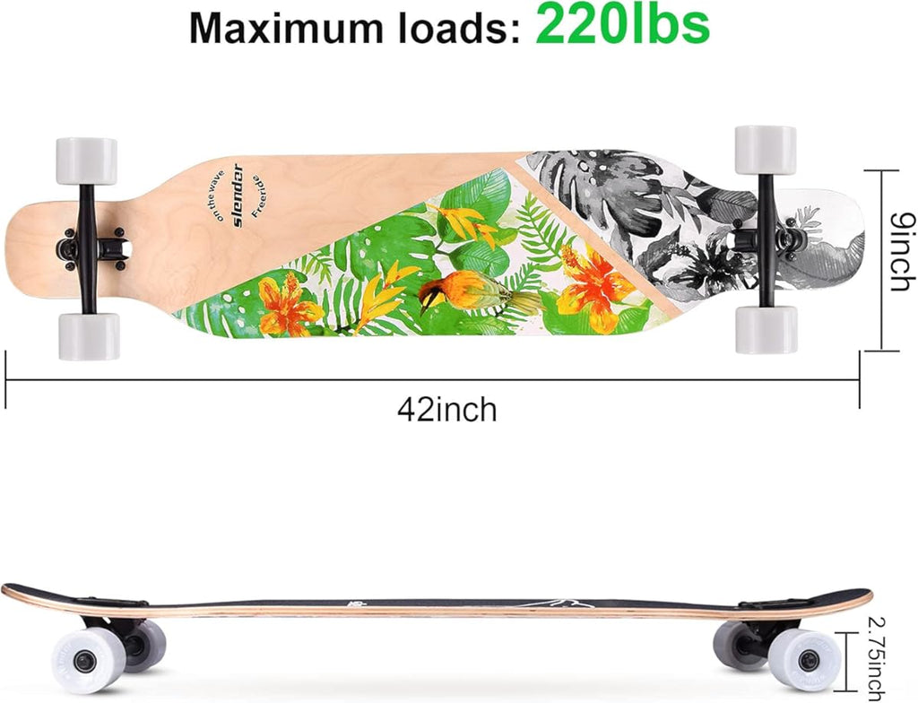 Patineta Slendor Longboard de 42 pulgadas, Drop Through, de arce, estilo crucero, estilo libre, cóncava y camber (color: verde, plantas y pájaros)