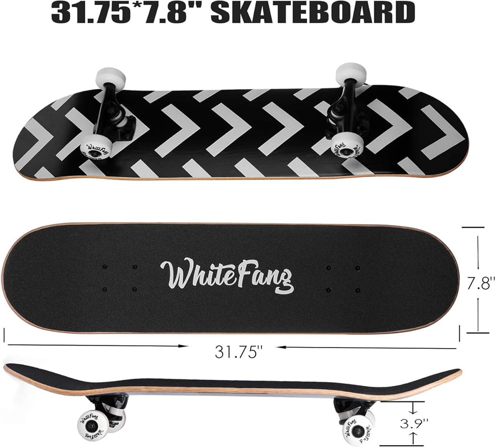 Patineta completa WhiteFang de 31 x 7,88 pulgadas, 7 capas de arce canadiense, cóncava doble, estándar y trucos para principiantes, patineta para niños (flecha) (color: flecha)