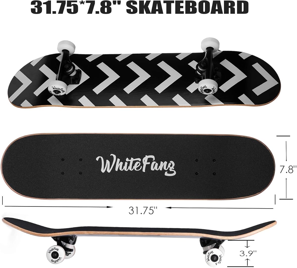 Patineta completa WhiteFang de 31 x 7,88 pulgadas, 7 capas de arce canadiense, cóncava doble, estándar y trucos para principiantes, patineta para niños (flecha) (color: flecha)