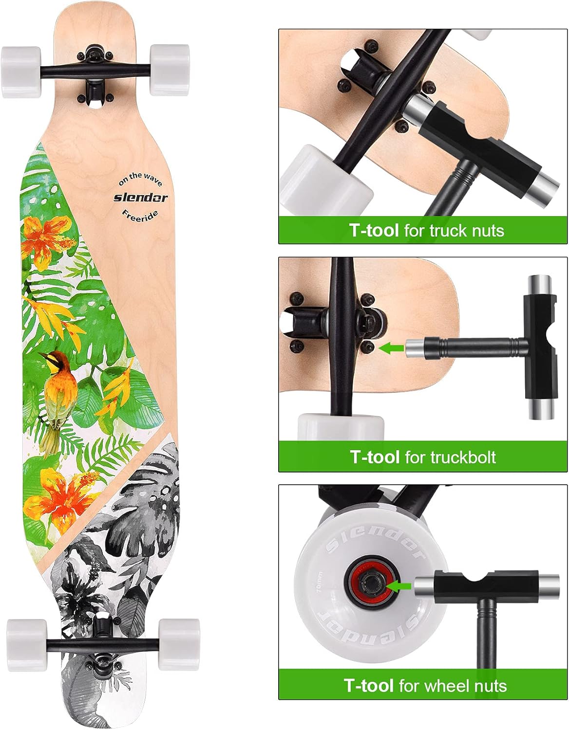 Patineta Slendor Longboard de 42 pulgadas, Drop Through, de arce, estilo crucero, estilo libre, cóncava y camber (color: verde, plantas y pájaros)