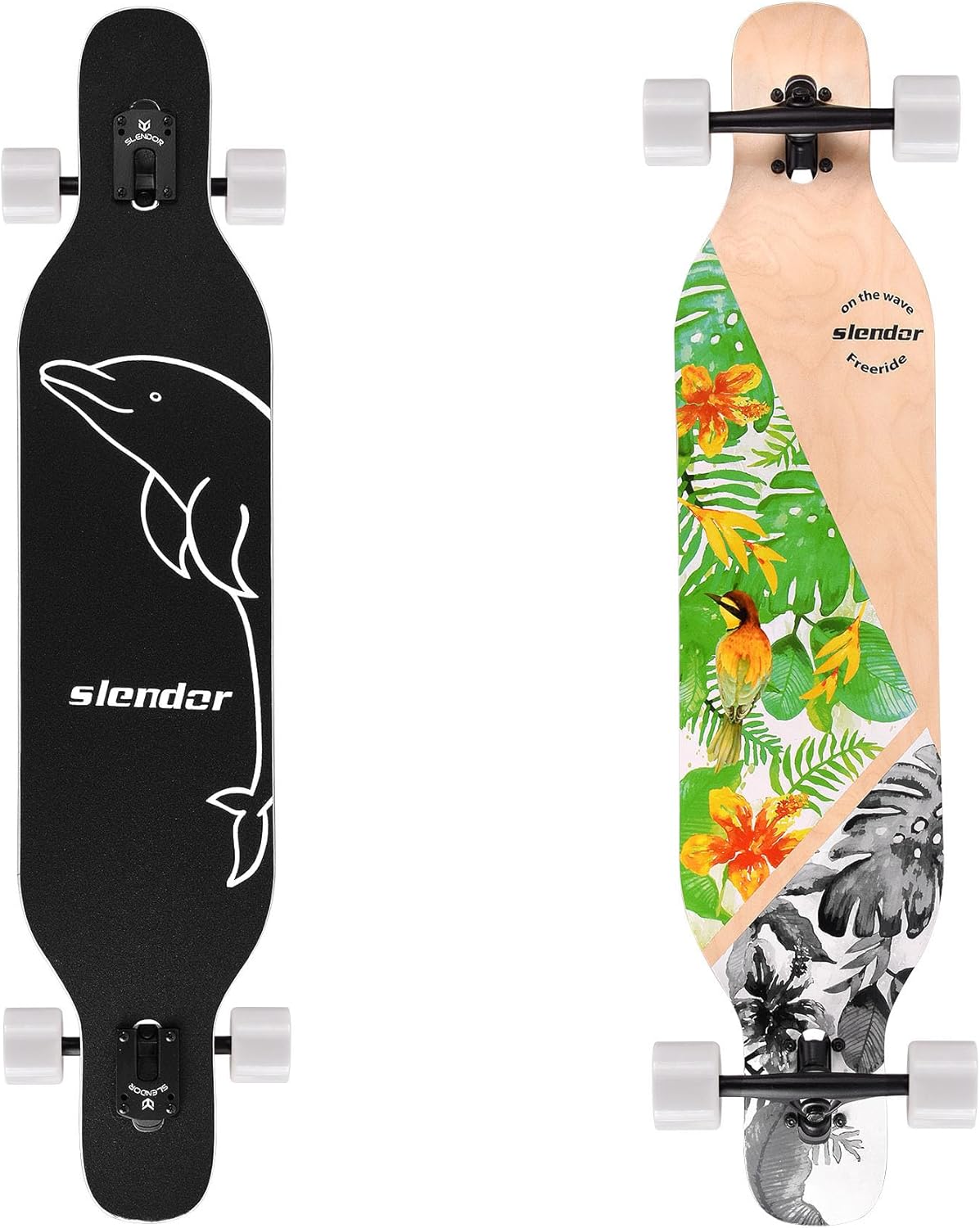 Patineta Slendor Longboard de 42 pulgadas, Drop Through, de arce, estilo crucero, estilo libre, cóncava y camber (color: verde, plantas y pájaros)