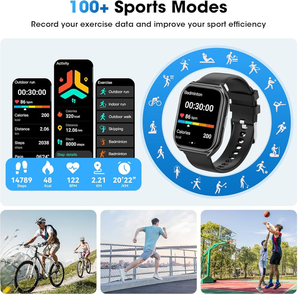 Reloj inteligente para hombre y mujer, HD de 1,85" (contestación/llamadas), monitor de actividad física con monitor de ritmo cardíaco y sueño, podómetro, más de 100 modos deportivos, compatible con Android y iPhone (negro) (color: negro)