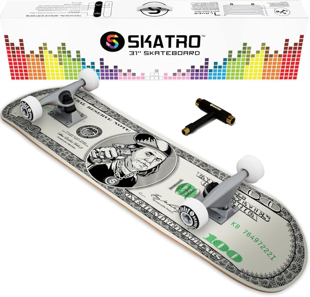 SKATRO - Patineta profesional completa de 31". Edades: Adultos, niños, niñas, principiantes y niños (Color: Benjamin Franklin).