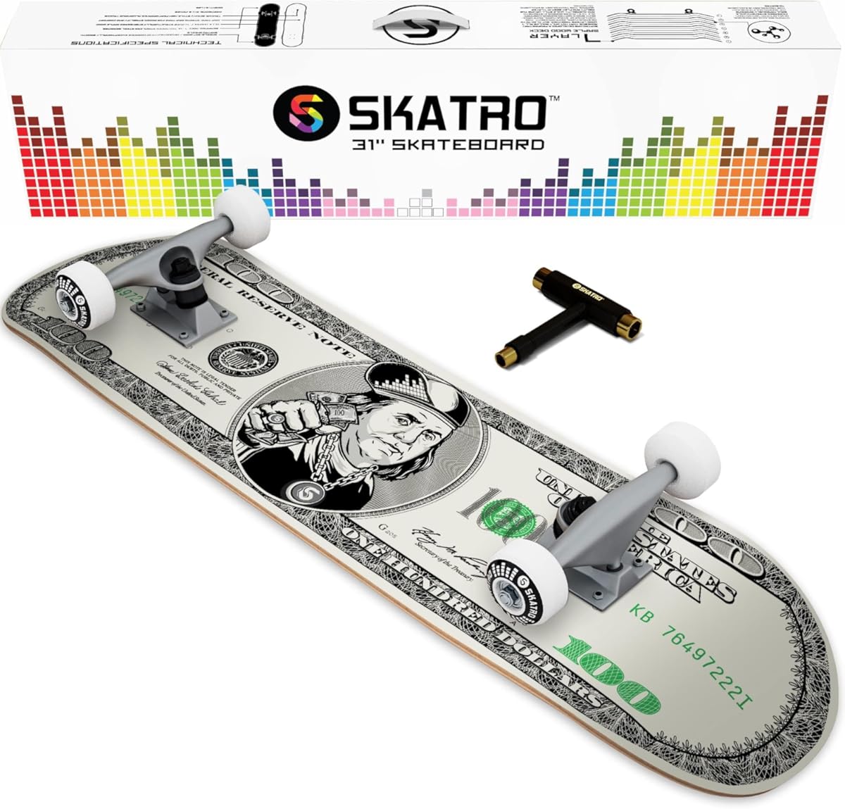 SKATRO - Patineta profesional completa de 31". Edades: Adultos, niños, niñas, principiantes y niños (Color: Benjamin Franklin).