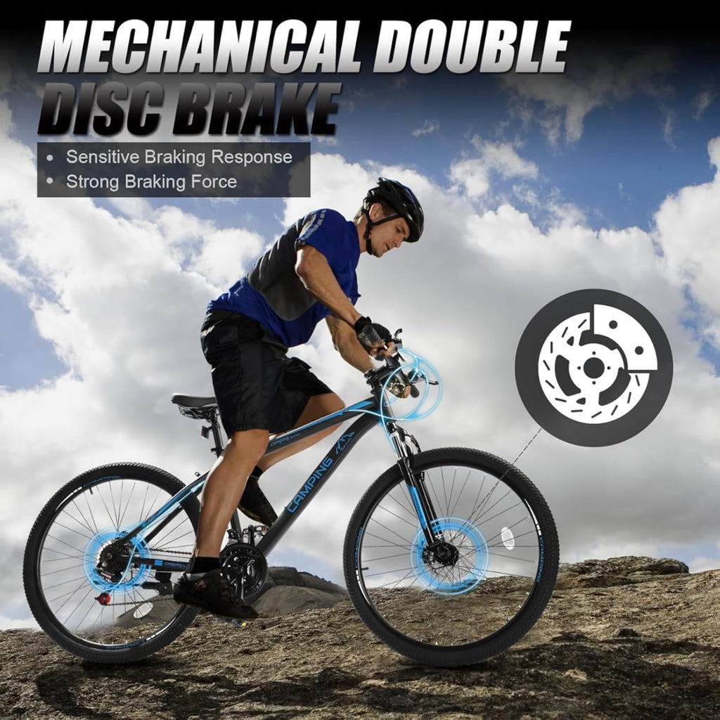Bicicleta de montaña de 26/27,5" y 21 velocidades para adultos, hombres y mujeres. Con cuadro de acero de alto carbono, neumáticos todoterreno, freno de disco doble y horquilla de suspensión (color: azul, tamaño: 27,5").