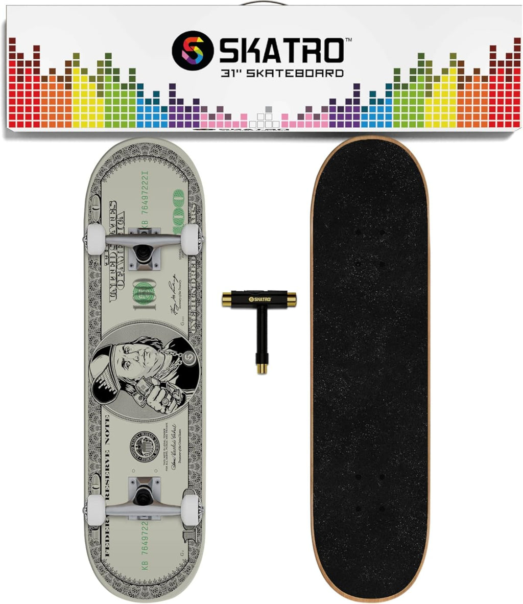 SKATRO - Patineta profesional completa de 31". Edades: Adultos, niños, niñas, principiantes y niños (Color: Benjamin Franklin).