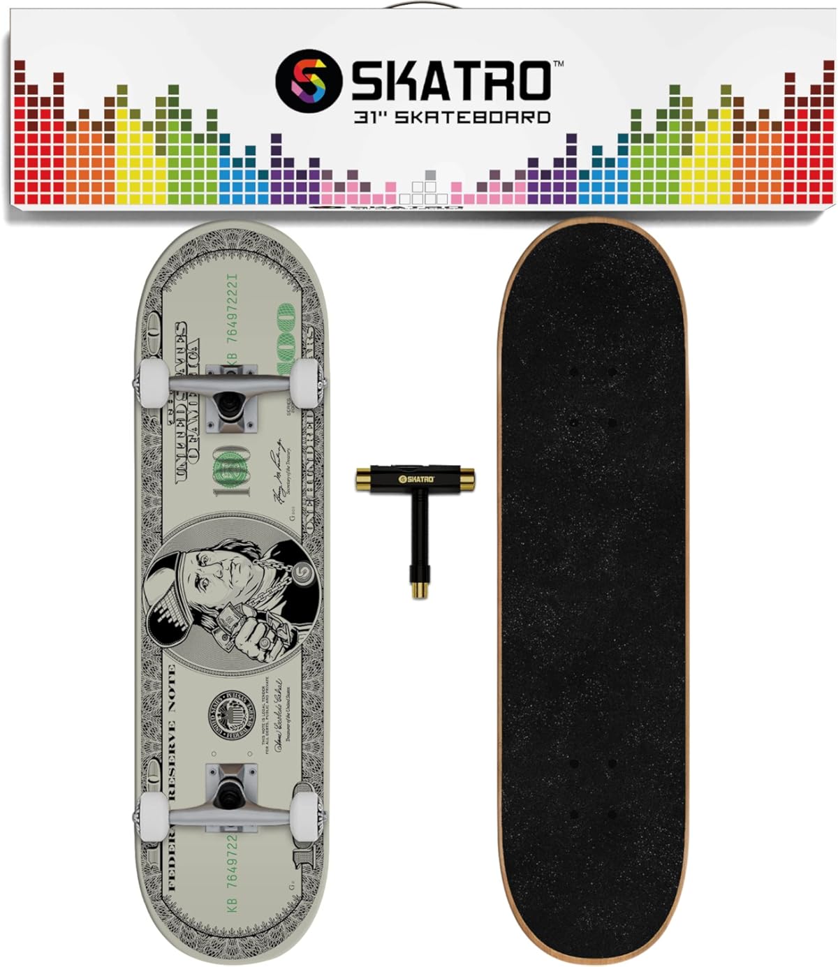 SKATRO - Patineta profesional completa de 31". Edades: Adultos, niños, niñas, principiantes y niños (Color: Benjamin Franklin).