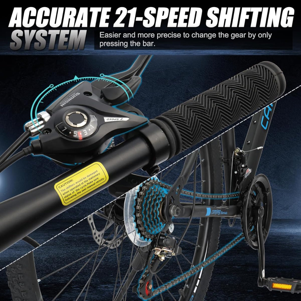 Bicicleta de montaña de 26/27,5" y 21 velocidades para adultos, hombres y mujeres. Con cuadro de acero de alto carbono, neumáticos todoterreno, freno de disco doble y horquilla de suspensión (color: azul, tamaño: 27,5").