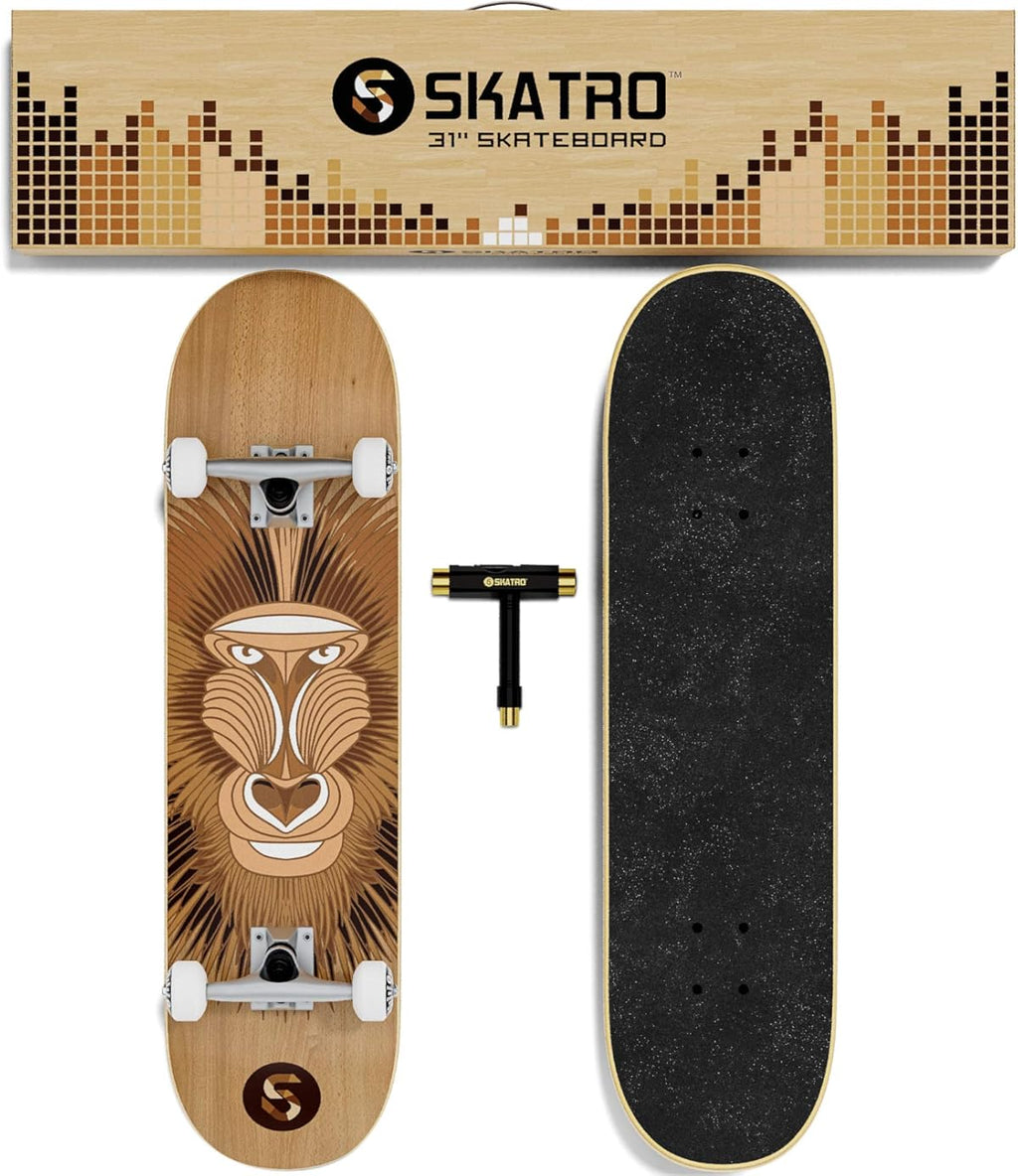 SKATRO - Pro Skateboard 31" Complete Skateboard. Skate Board Ages: Adults, Boys, Girls, Beginners, and Kids (Color: White Monkey)