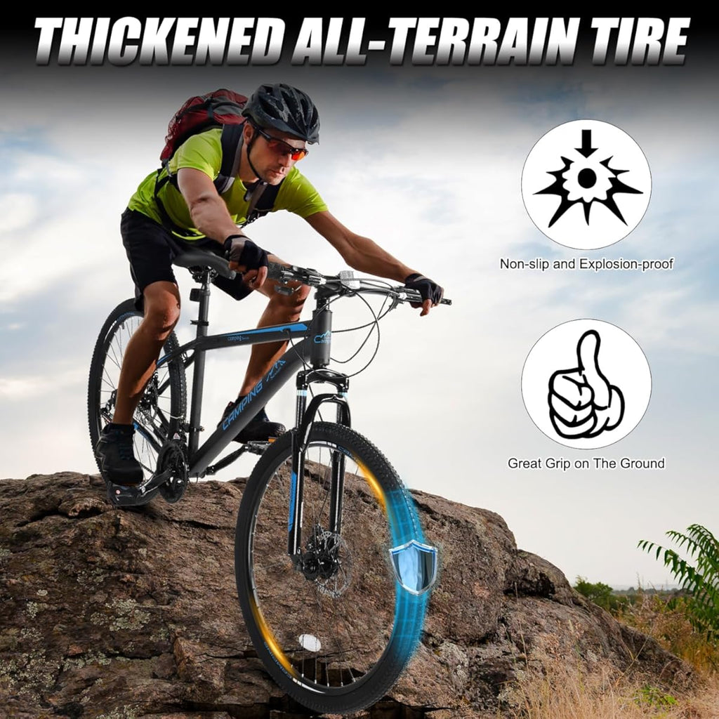 Bicicleta de montaña de 26/27,5" y 21 velocidades para adultos, hombres y mujeres. Con cuadro de acero de alto carbono, neumáticos todoterreno, freno de disco doble y horquilla de suspensión (color: azul, tamaño: 27,5").