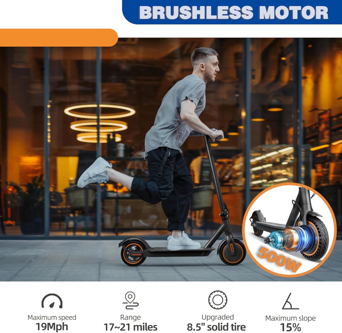Scooter eléctrico para adultos, neumáticos sólidos de 8,5", motor de 500 W, hasta 30 km/h, alcance de 33 km, con sistema de frenos dobles, aplicación, pantalla LED, control de crucero, plegable.