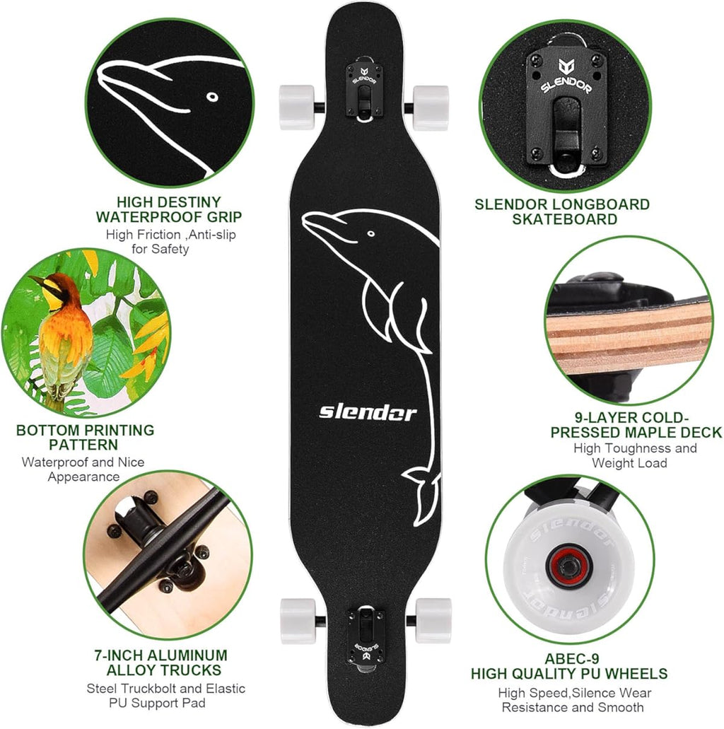 Patineta Slendor Longboard de 42 pulgadas, Drop Through, de arce, estilo crucero, estilo libre, cóncava y camber (color: verde, plantas y pájaros)