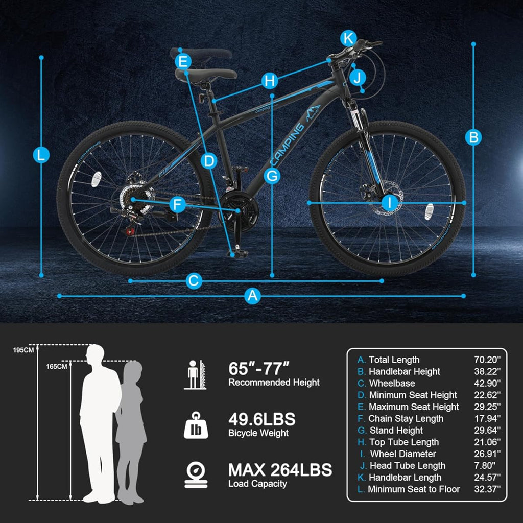 Bicicleta de montaña de 26/27,5" y 21 velocidades para adultos, hombres y mujeres. Con cuadro de acero de alto carbono, neumáticos todoterreno, freno de disco doble y horquilla de suspensión (color: azul, tamaño: 27,5").