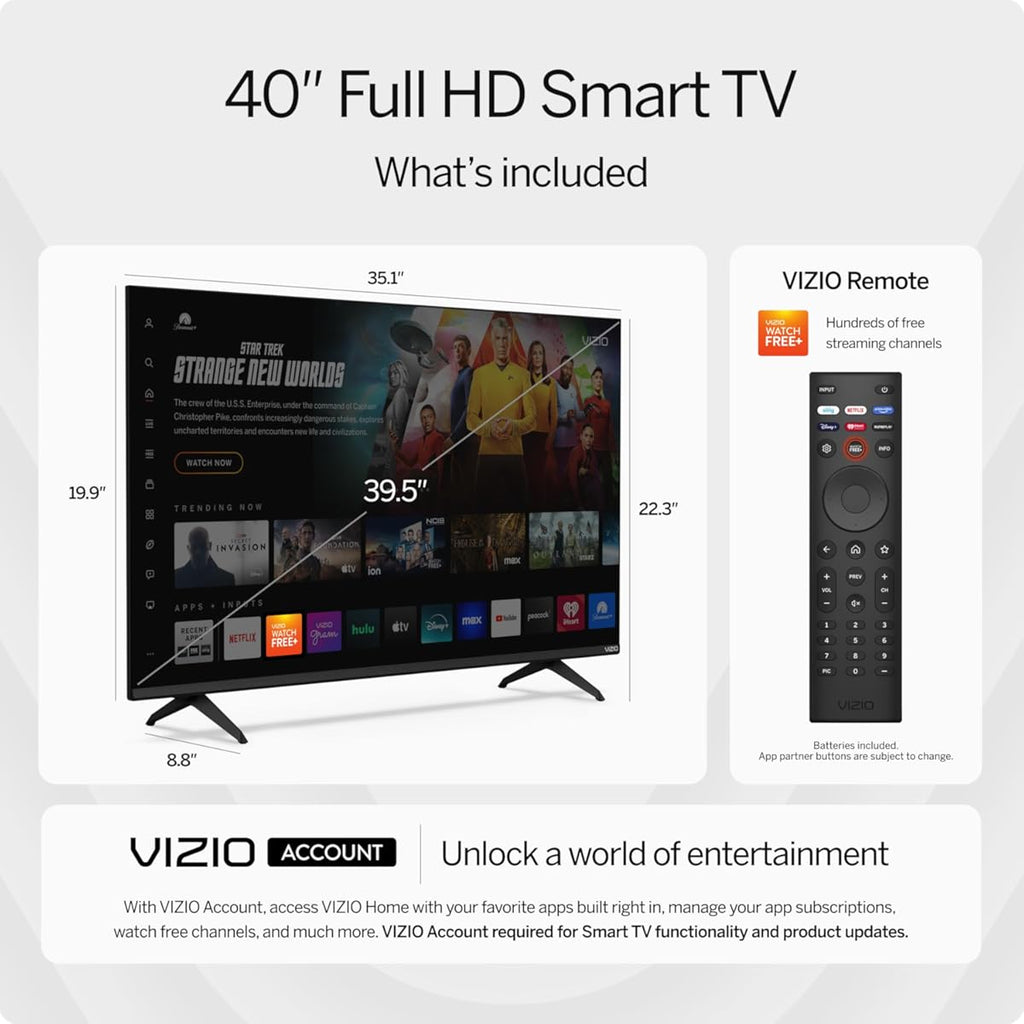 Televisor inteligente VIZIO Full HD 1080p de 40 pulgadas con DTS Virtual: X, compatibilidad con Alexa, Chromecast integrado y capacidad para auriculares Bluetooth (VFD40M-08 nuevo)