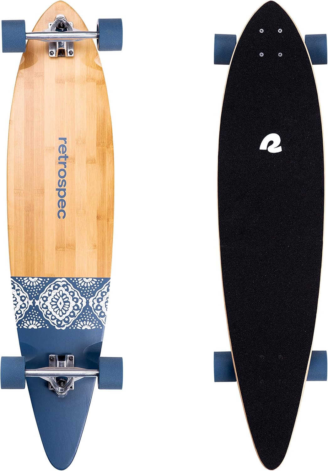 Patineta Cruiser Retrospec Zed Pintail Longboard | Cruiser de madera de bambú y arce canadiense con ejes Kingpin invertidos para desplazamientos diarios, cruceros, cortes y descensos (color: azul marino, tamaño: talla única)