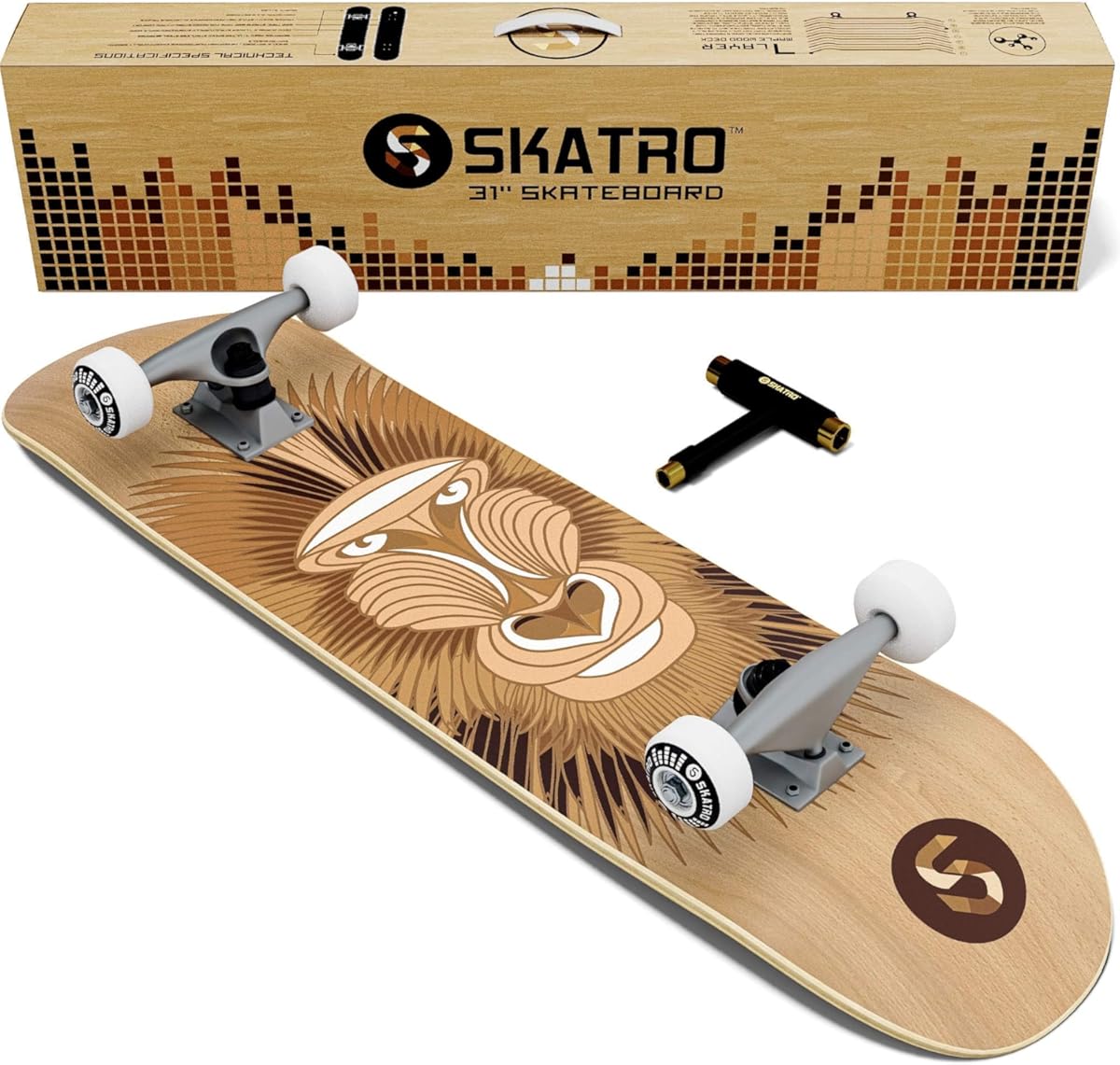 SKATRO - Pro Skateboard 31" Complete Skateboard. Skate Board Ages: Adults, Boys, Girls, Beginners, and Kids (Color: White Monkey)