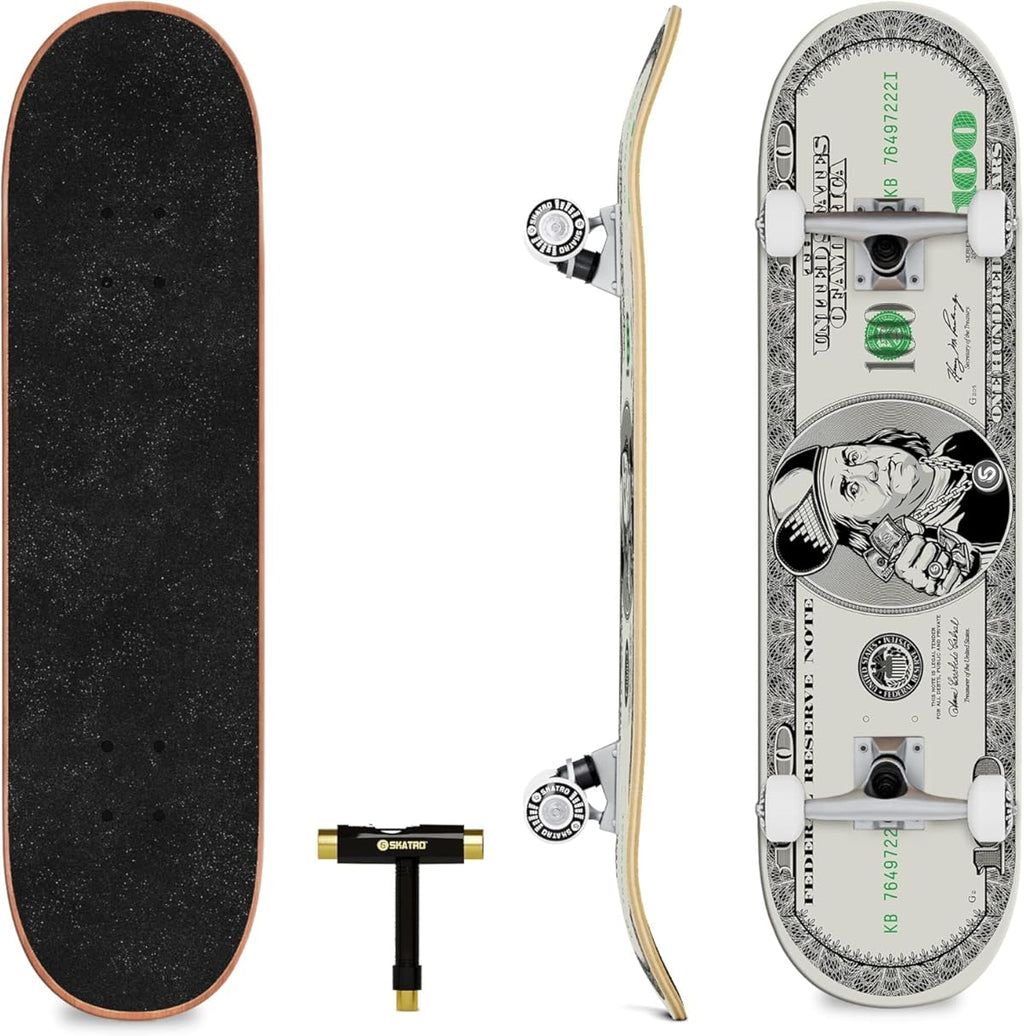 SKATRO - Patineta profesional completa de 31". Edades: Adultos, niños, niñas, principiantes y niños (Color: Benjamin Franklin).