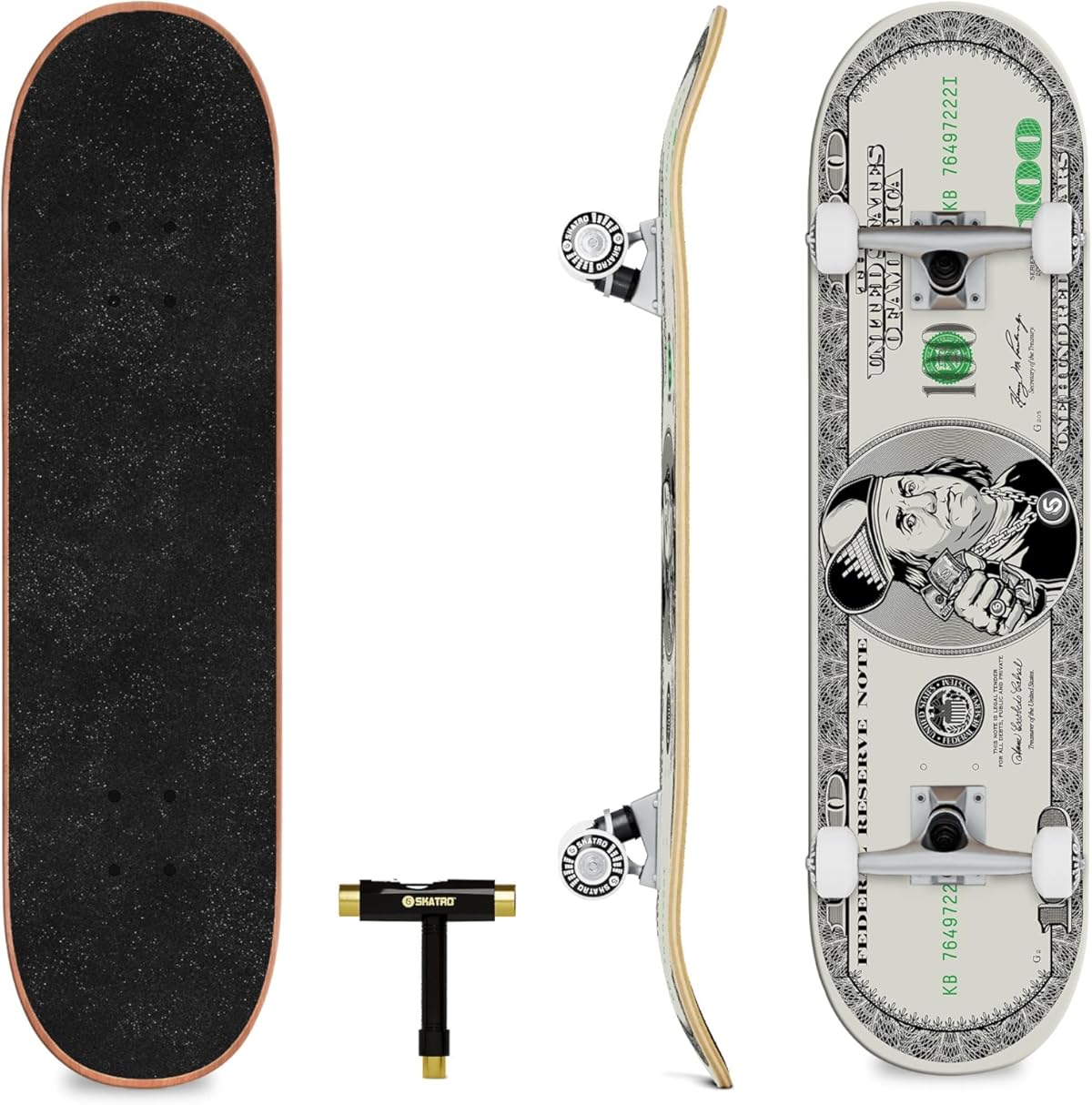 SKATRO - Patineta profesional completa de 31". Edades: Adultos, niños, niñas, principiantes y niños (Color: Benjamin Franklin).