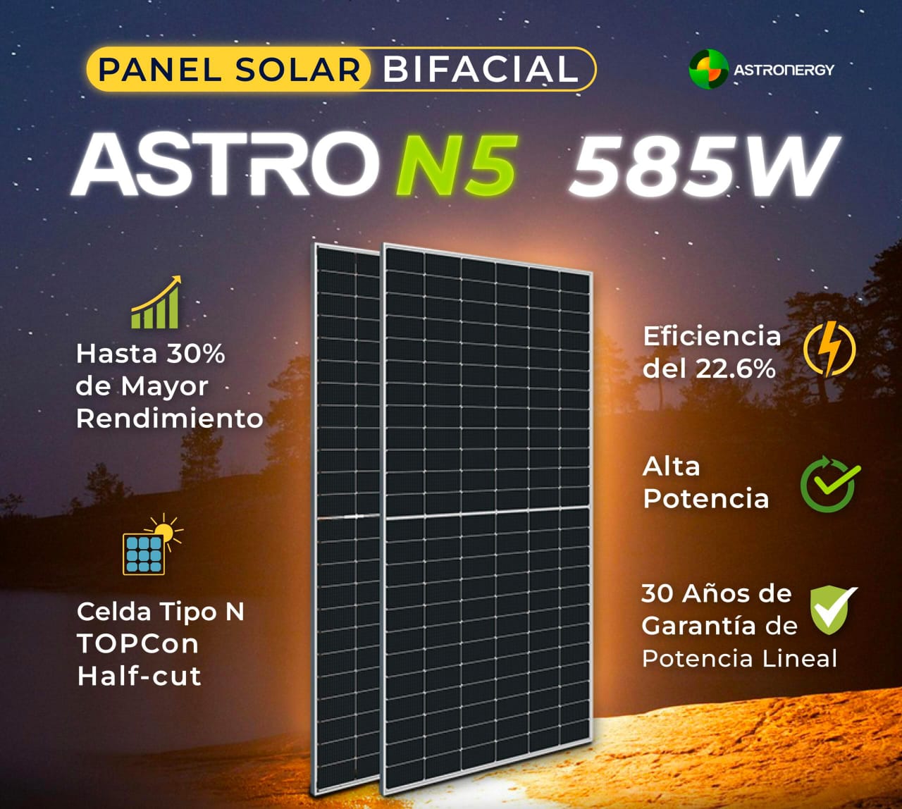 Te presentamos el Panel Solar Bifacial ASTRO N5 585W, diseñado para ofrecer el mejor rendimiento con la más avanzada tecnología en energía solar.